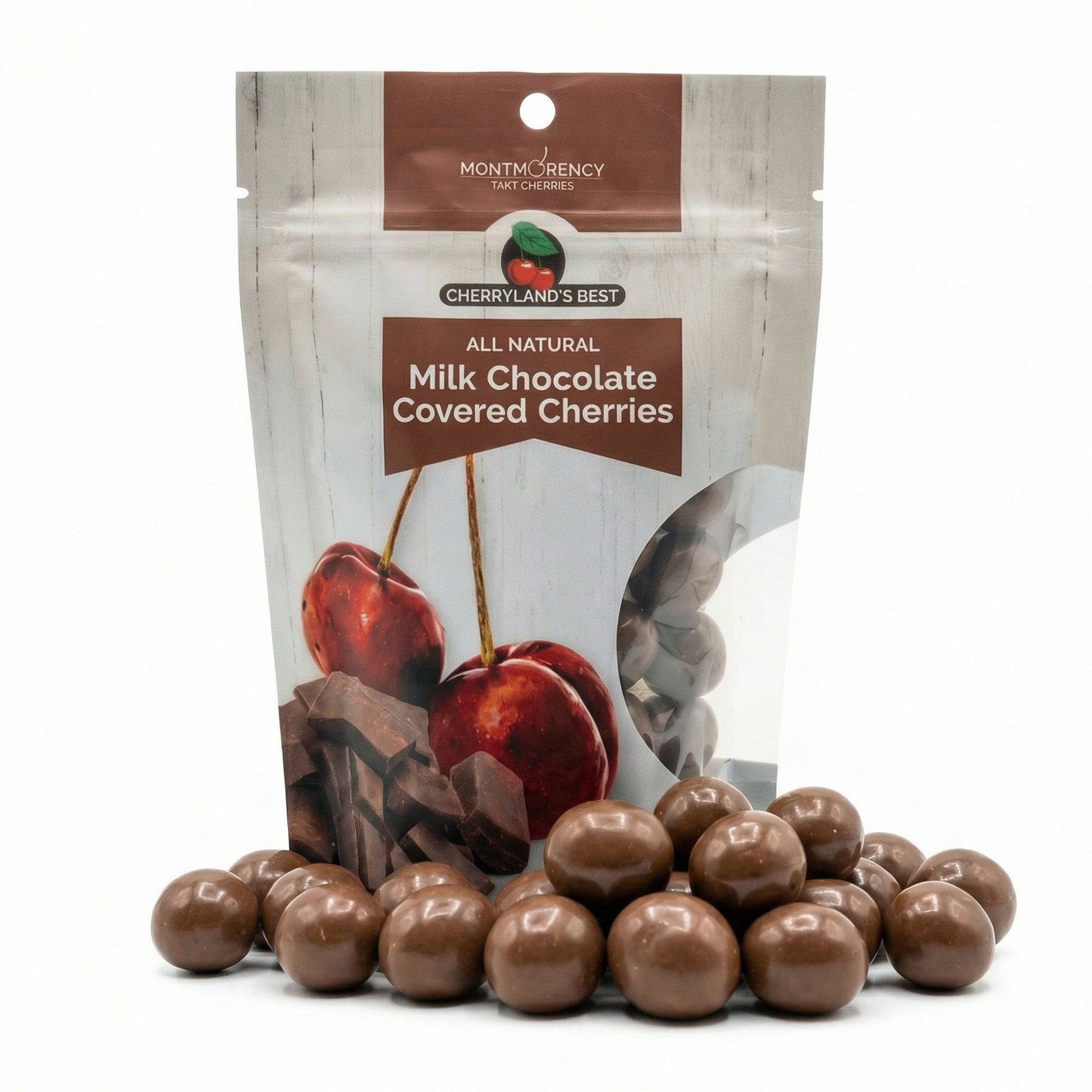 Packaging of Montmorency Cherryland's Best milk chocolate covered cherries on a white background
