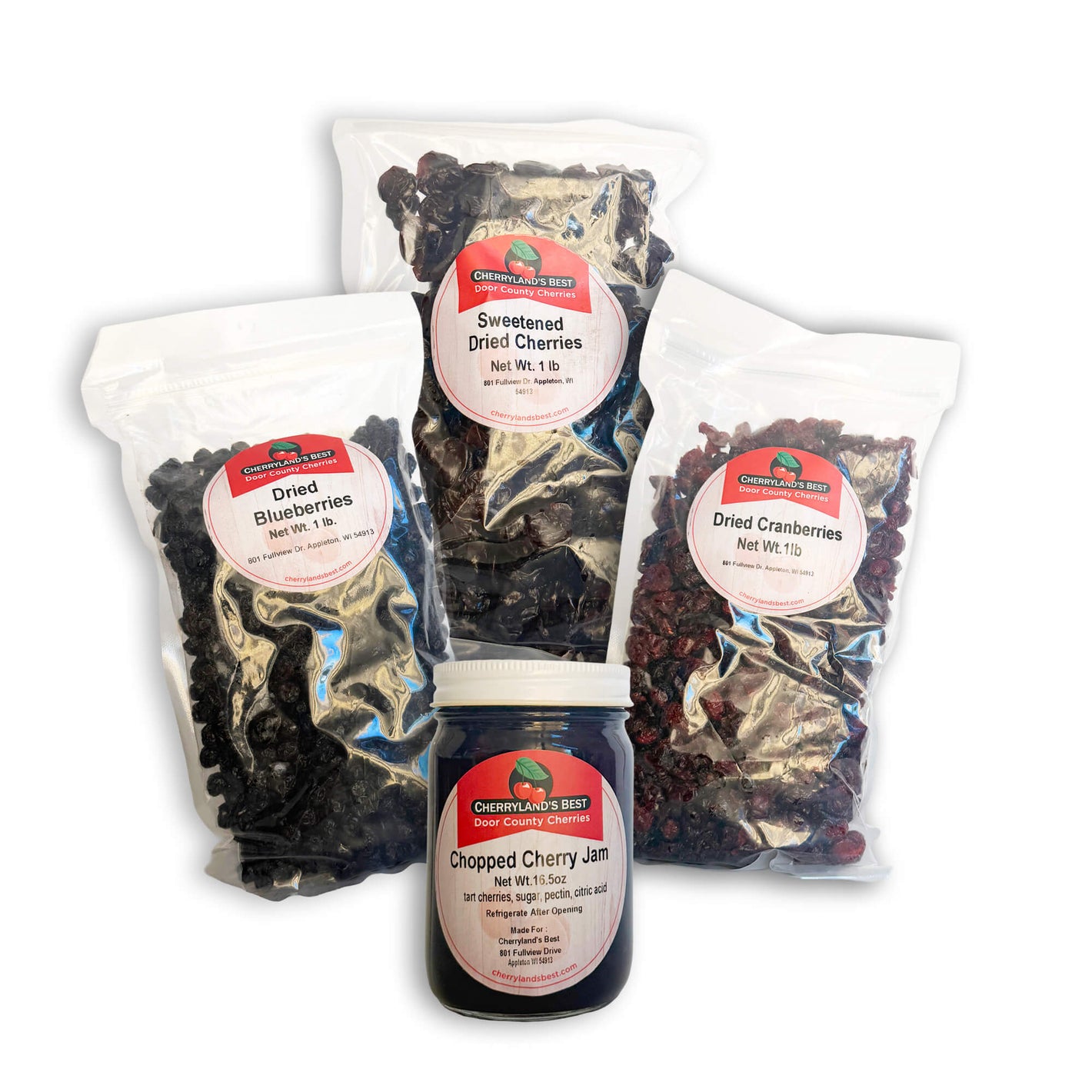 Three packages of Cherryland's Best dried fruit on a white background: one large bags of dried blueberries and one large bag of dried cranberries, one bag of sweetened dried cherries, and one jar of chopped cherry jam.