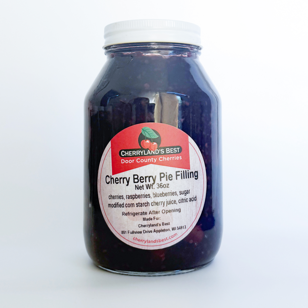 A 36 oz glass jar of Cherryland's Best Cherry Berry Pie Filling with a white plastic screw cap and a white, red, and black label, set against a plain white background.