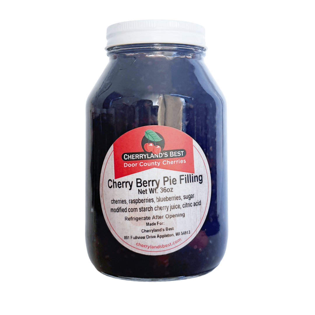 A 36 oz glass jar of Cherryland's Best Cherry Berry Pie Filling, filled with dark red cherries and topped with a white cap, set against a plain white background.