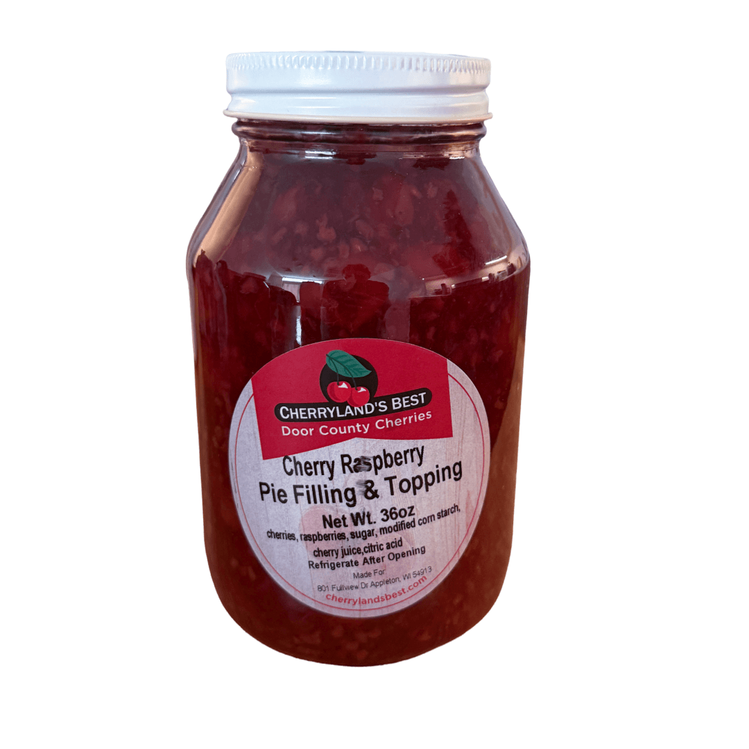 A glass jar of Cherryland's Best Door Country Cherries Cherry Raspberry Pie Filling & Topping with a white lid and a white label, shown against a plain white background.