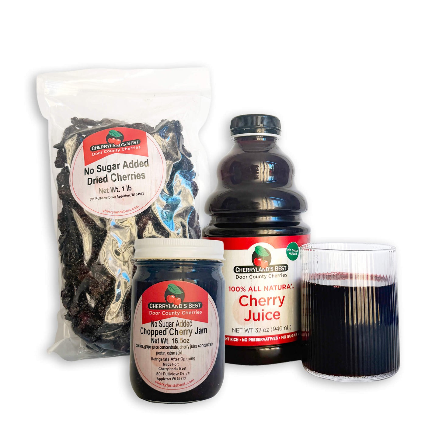 A product set from Cherryland's Best featuring a 1 lb bag of No Sugar Added Dried Cherries, a 32 oz bottle of Cherry Juice, a jar of No Sugar Added Chopped Cherry Jam, and a glass of dark red juice, all arranged on a white background.