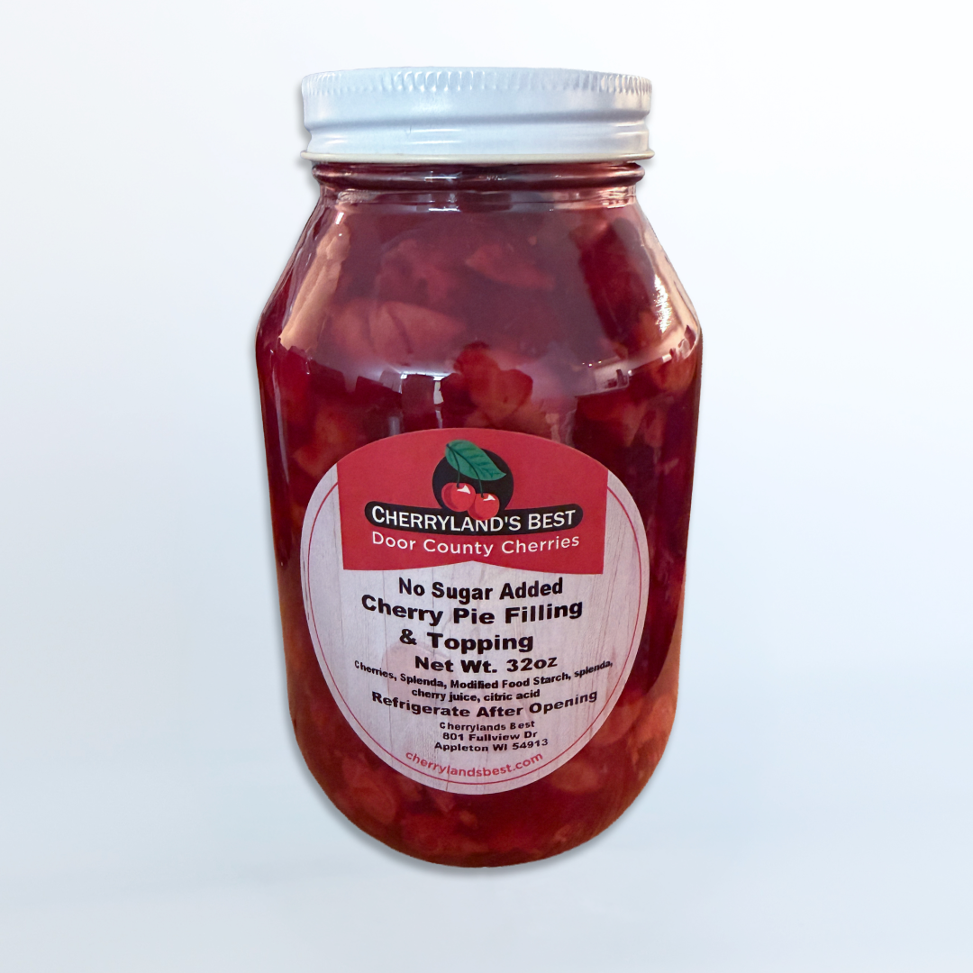 A 32 oz glass jar of Cherryland's Best No Sugar Added Cherry Pie Filling & Topping, filled with red cherries and topped with a white lid, set against a light gray gradient background.