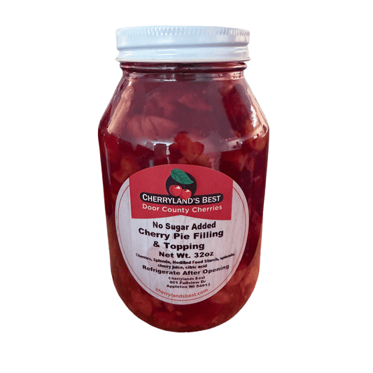 A 32 oz glass jar of Cherryland's Best No Sugar Added Cherry Pie Filling & Topping, filled with red cherries and topped with a white lid, on a white background.