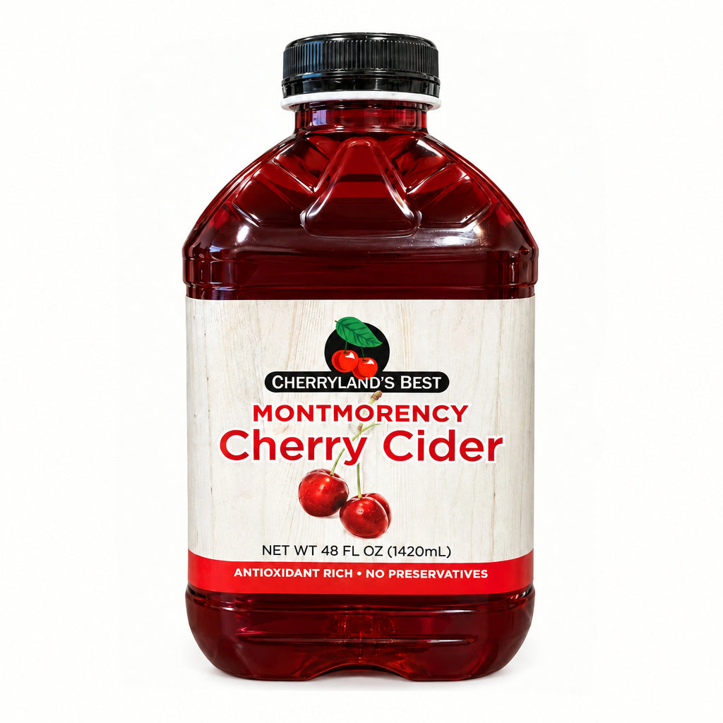 A 48 fl oz bottle of Cherryland's Best Montmorency Cherry Cider with a black cap and a white label featuring red text and cherry graphics, set against a plain white background.
