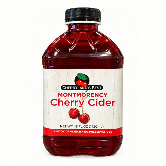 A 48 fl oz bottle of Cherryland's Best Montmorency Cherry Cider with a black cap and a white label featuring red text and cherry graphics, set against a plain white background.