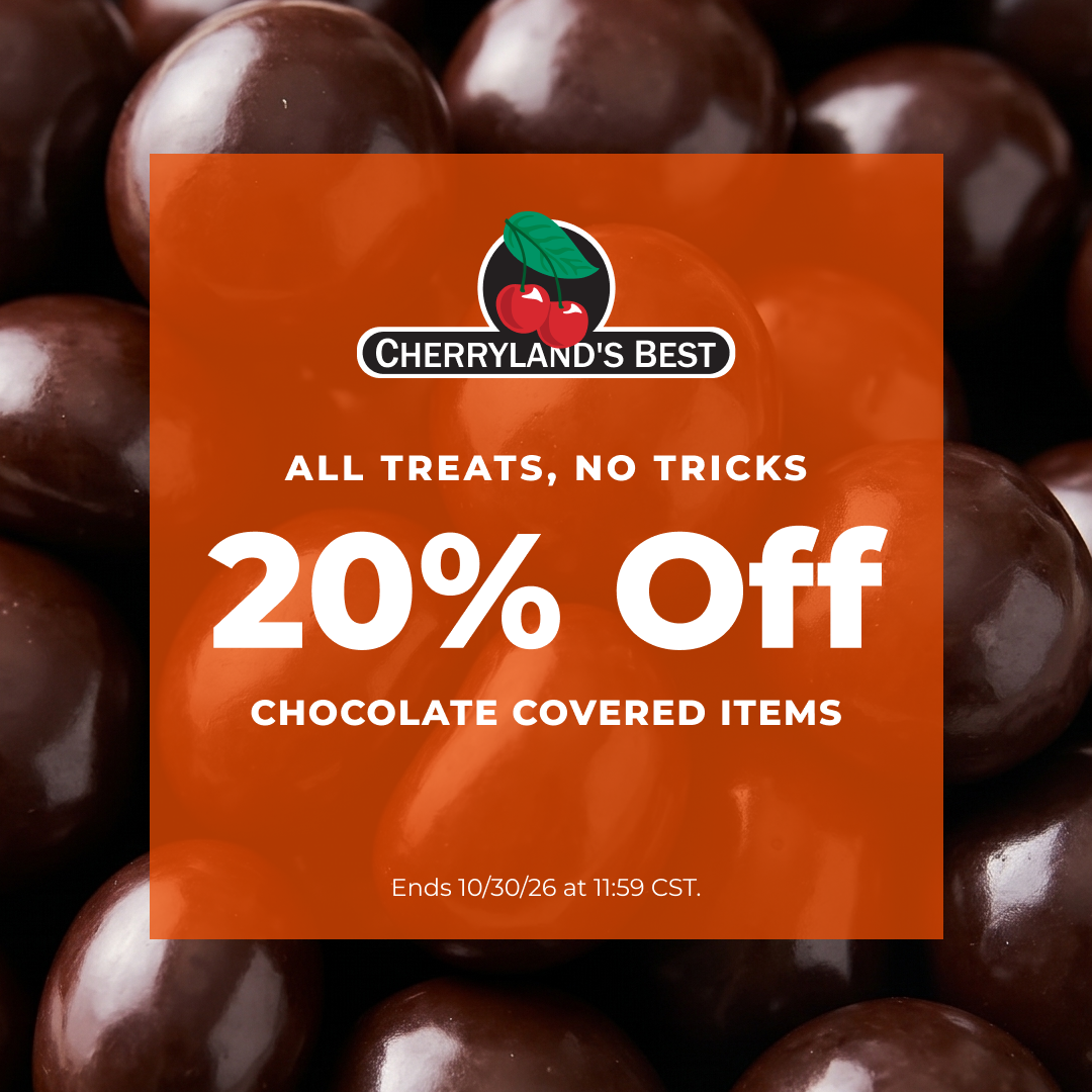 Promotional sale graphic for Cherryland's Best featuring a bright orange square with white text reading '20% Off Chocolate Covered Items' over a background of glossy dark chocolate candies.
