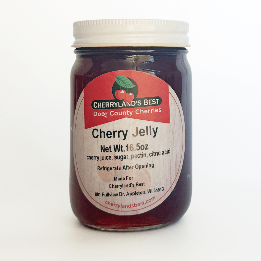 A jar of Cherryland's Best Door County Cherries Cherry Jelly on a clean white background.