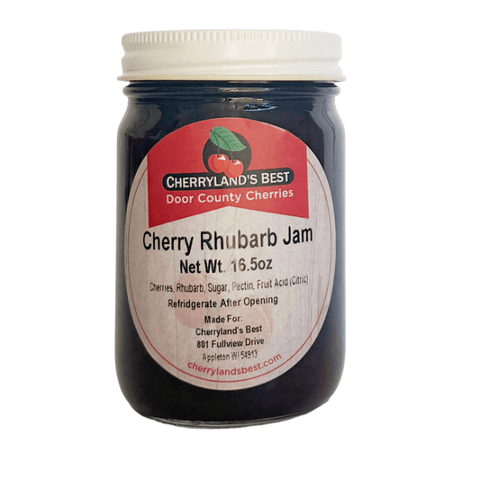 A jar of Cherry Rhubarb Jam by Cherryland's Best, featuring a white lid and a white label with red and green accents, set against a plain white background.