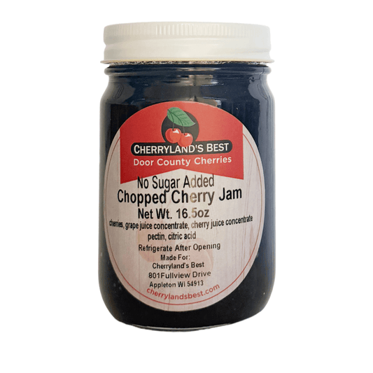 A jar of Cherryland's Best No Sugar Added Chopped Cherry Jam with a white lid and a white label featuring a red cherry logo, set against a plain white background.