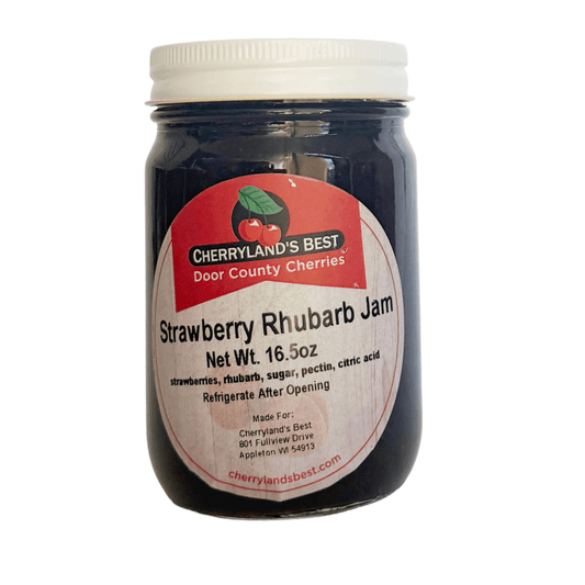 A jar of Cherryland's Best Door County Cherries Strawberry Rhubarb Jam, 16.5oz, with a white lid and a red and beige label, isolated on a white background.