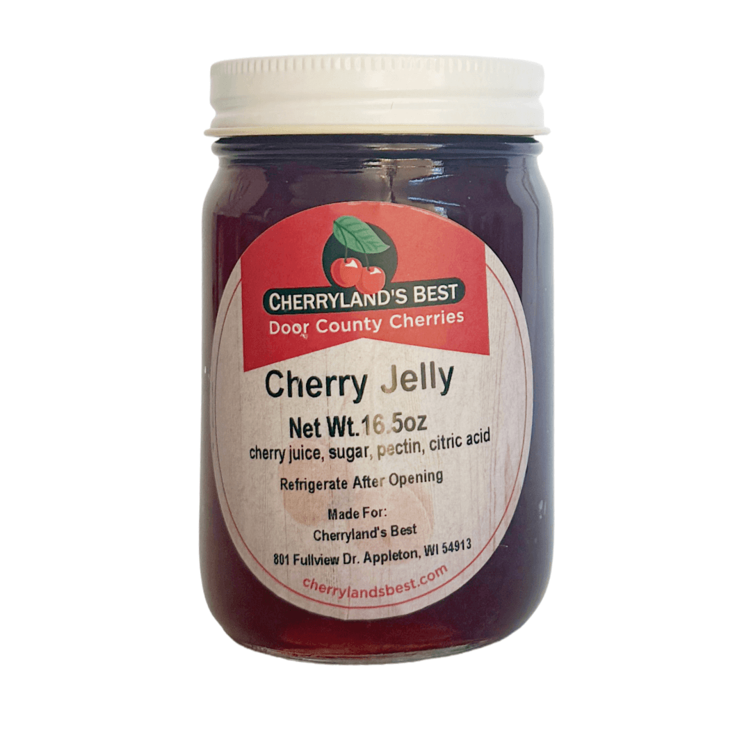 A jar of Cherryland's Best cherry jelly with a white lid and a white label, shown on a plain white background.