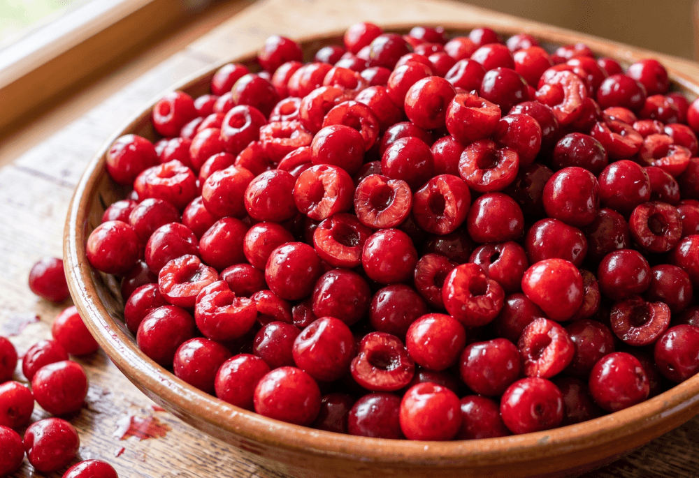 A bowl of fresh pitted montmorency cherries