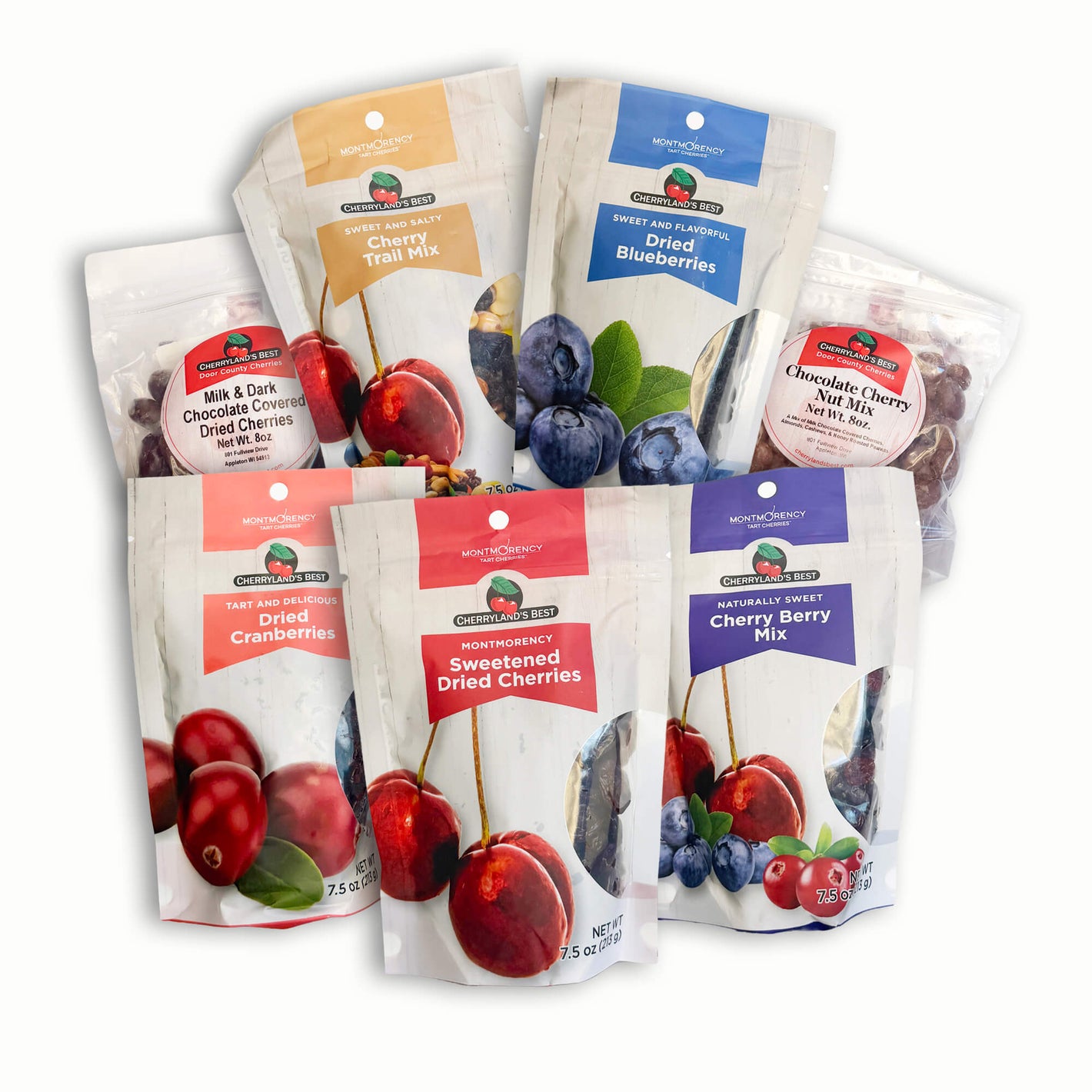 Six bags of Nature's Path dried fruit mixes arranged in a fan shape on a white background. The products include Milk & Dark Chocolate Cranberry, Sweetened Dried Cherries, Dried Blueberries, Chocolate Cherry Nut Mix, and Cherry Berry Mix.
