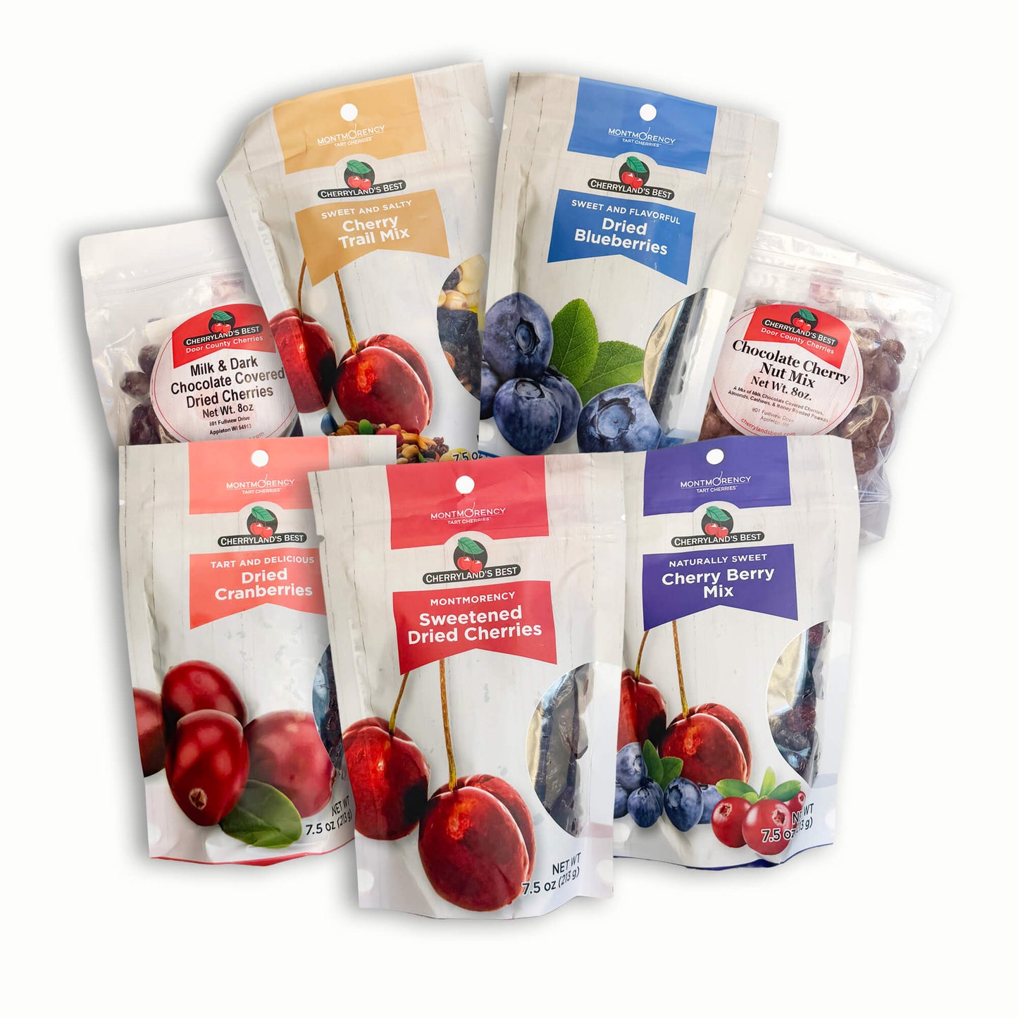 Six bags of Nature's Path dried fruit mixes arranged in a fan shape on a white background. The products include Milk & Dark Chocolate Cranberry, Sweetened Dried Cherries, Dried Blueberries, Chocolate Cherry Nut Mix, and Cherry Berry Mix.