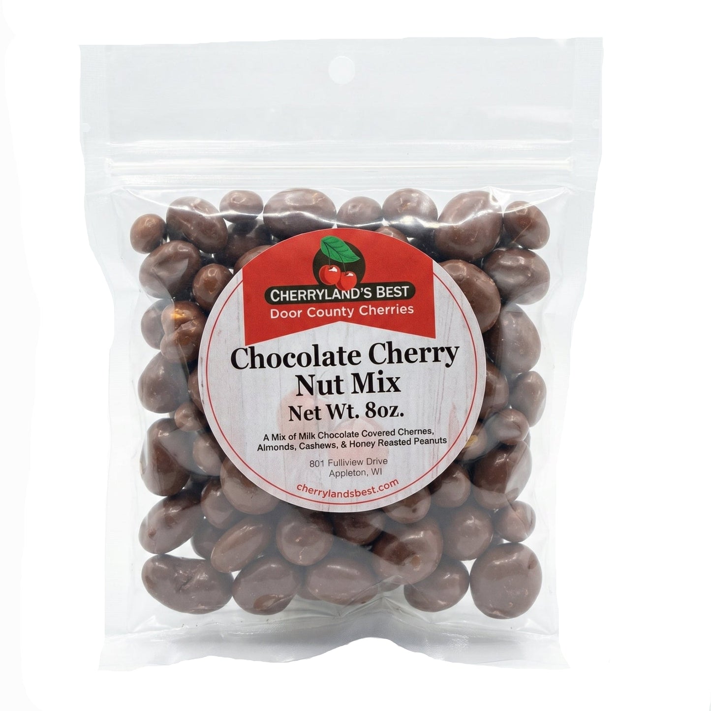 Packaged Chocolate Cherry Nut Mix with Cherryland's Best label on a white background