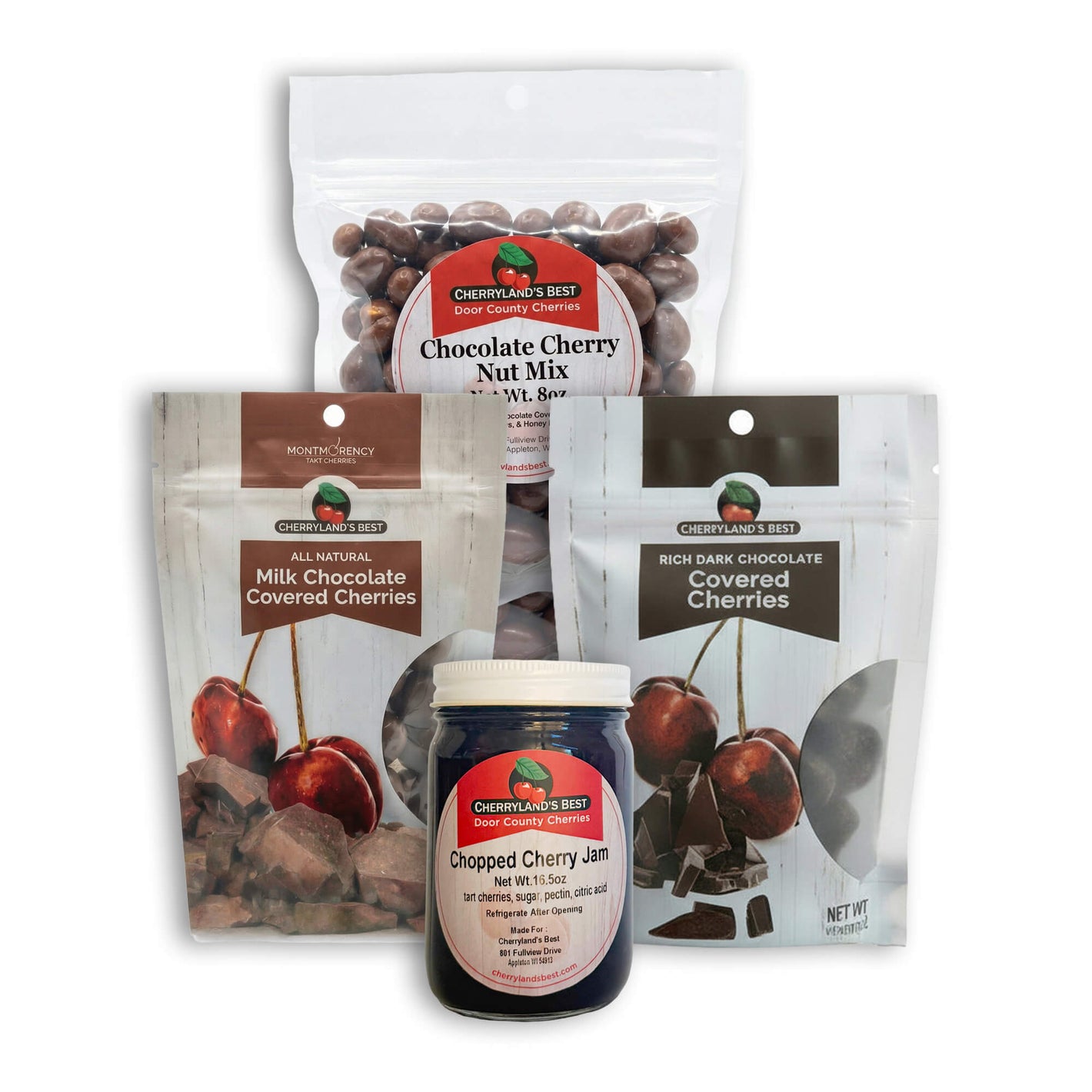 A product bundle of Cherry Lane & Best chocolate treats, including a bag of Chocolate Cherry Nut Mix, two bags of covered cherries (milk and rich dark chocolate), and a jar of chopped cherry jam, arranged on a white background.